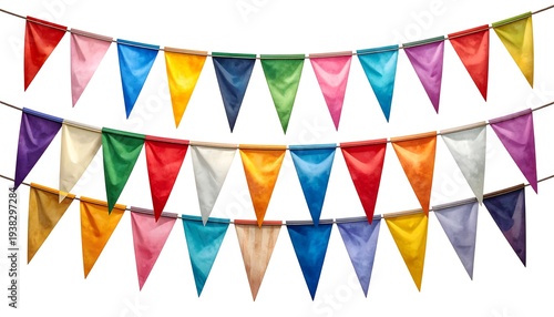 Triangular colorful bunting strung across in three rows against a white background for festive decoration