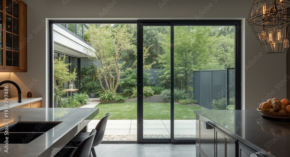 Fototapeta premium Elegant kitchen transformation with sliding door revealing lively garden greenery