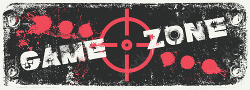 Game Zone Grunge Typography Poster and bullet holes and an optical sight and blood stains, Gaming Club Banner, Dark Gamer Room Wall Art