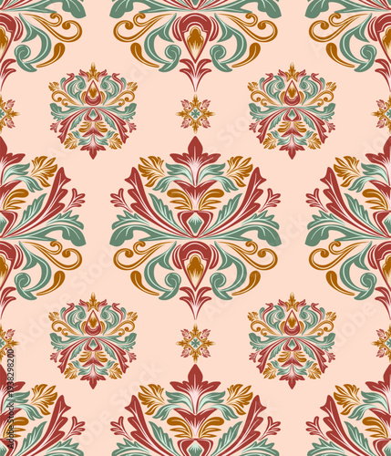 Damask seamless floral pattern, vintage design, vector illustration elegant for textile, wall paper, bedding, carpet, curtains, cushion cover, upholstery fabric, fashion, wrapping, luxury design