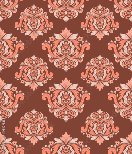 Damask seamless pattern with flower and red background, vintage and luxury, vector illustration elegant for textile, wall paper, bedding, curtain, rug, cushion cover, upholstery fabric, scarf, fashion