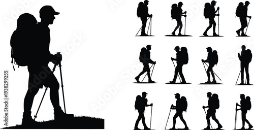Black silhouettes of hikers with backpacks and trekking poles, mountain climbers and adventurers walking outdoors isolated on white background