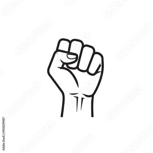 Black line of a raised fist hand clenched fist line black and white