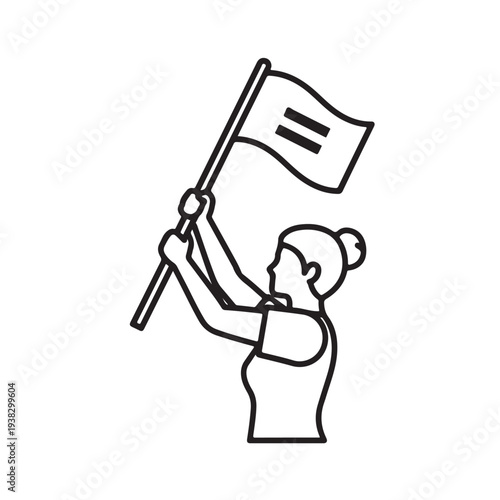 Woman holding flag with equality symbol line black and white protest