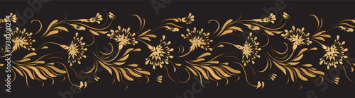 Vector floral seamless border pattern from hand painted golden flowers and leaves on a black background