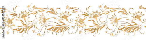 Vector floral seamless border pattern from hand painted golden flowers and leaves on a white background