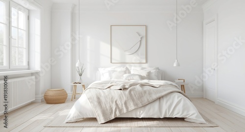 Scandinavian minimalist white bedroom with natural light features
