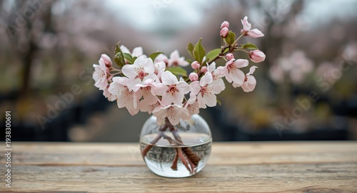 Close up wooden table with delicate cherry blossoms in a glass vase in nursery