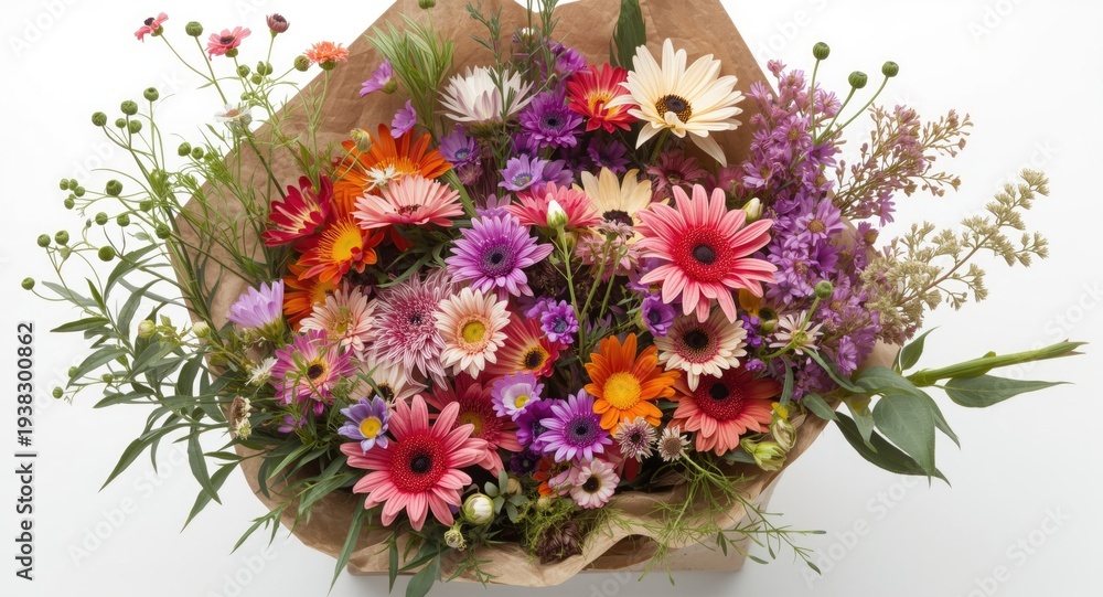 Obraz premium A vibrant floral collage featuring summer asters daisies and bindweed in rustic packaging on a pristine white background for festive purposes