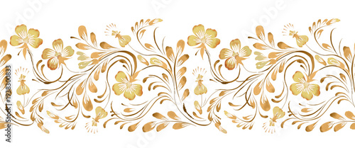 Vector floral seamless border pattern from hand painted golden flowers and leaves on a white background