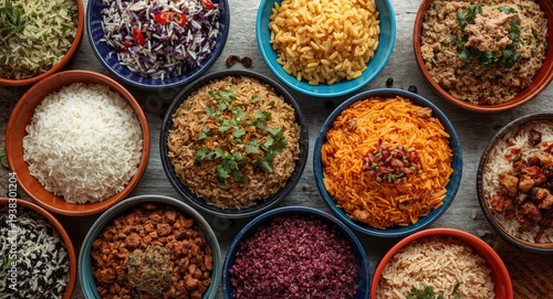 Colorful bowls containing diverse rice types captured from overhead