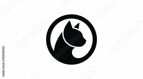 A minimalist black silhouette of a cat's head in profile, enclosed within a black circle on a white background, representing a sleek and modern design.