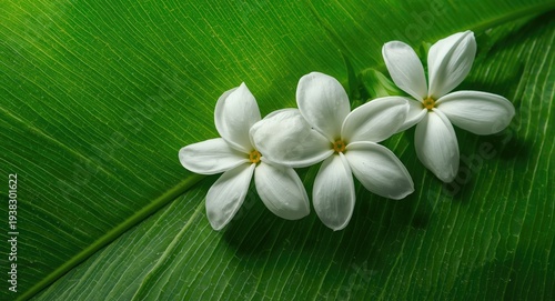 Minimalistic white gardenia flowers on a bright green leaf textured background