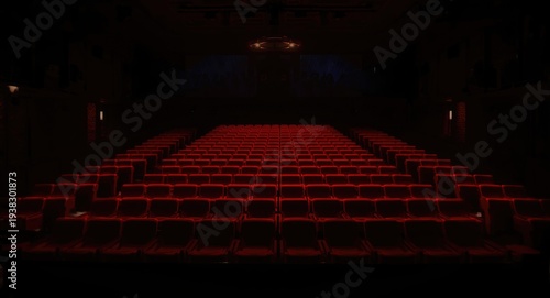 Audience area in a dark theater highlighted by a series of luminous red chairs