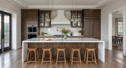 elegant kitchen design with a rustic dining table and wooden stools