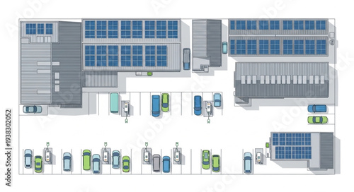 Aerial view of a modern industrial complex with solar panels.