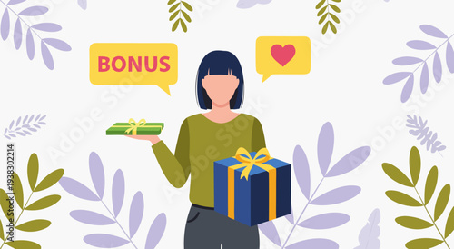 Happy Woman Receiving Gift Box and Money with Bonus Speech Bubble Vector Illustration
