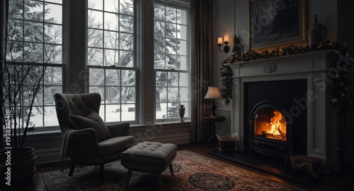 Cozy living room scene with a warm fireplace and comfortable chair near snow covered windows