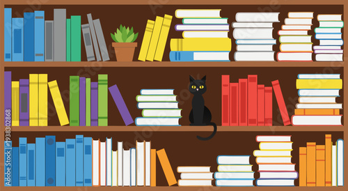 Detailed Vector Illustration of a Cozy Bookshelf Filled with Colorful Books and a Black Cat, Perfect for Home and Library Decor