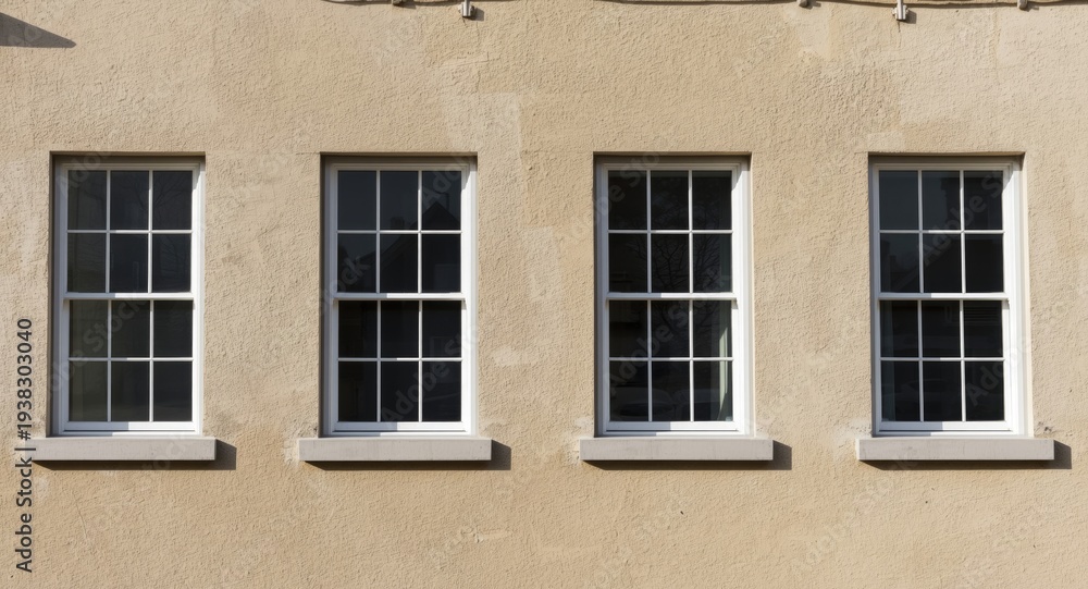 Fototapeta premium Building exterior wall with four window elements in bright day conditions