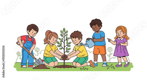 Children planting a young tree together.