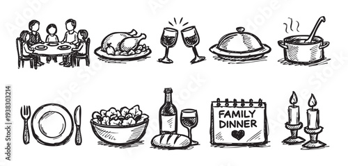 Sketch illustration depicting a family dinner, featuring people, turkey, wine, and other dishes, with a hand-drawn style, perfect for invitations or blog posts.