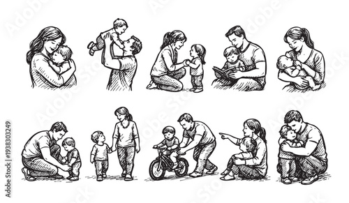 Hand-drawn illustration showcasing various family activities and loving interactions between parents and their children, with a comforting and heartwarming tone suitable for family-oriented content.