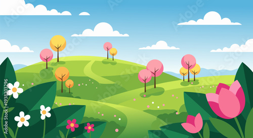 Enchanting Spring Meadow Vector Illustration with Blooming Flowers and Lush Green Hills Under a Cloudy Sky