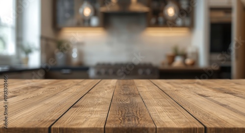 Blurred texture of wooden table in retro modern kitchen ambiance