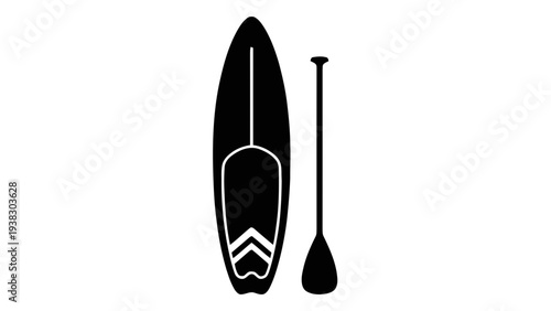 Vector illustration of black paddleboard and paddle on on a transparent background