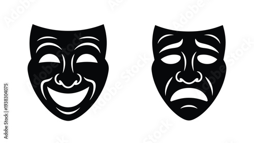 Theatrical comedy and tragedy masks in black on white background symbolizing drama and emotions in acting and performance art