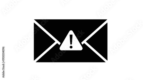 Vector illustration of black and white icon of an envelope with warning sign inside on a transparent background