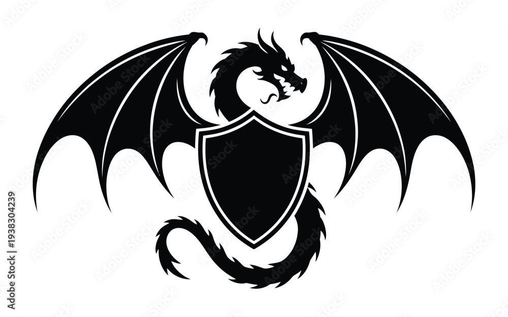 Fototapeta premium Black dragon silhouette with shield emblem on white background mythical creature symbol