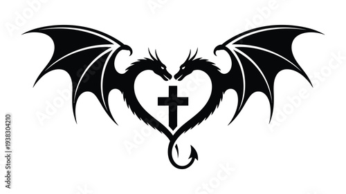 Black dragon heart tattoo design with cross symbol on white background for t shirt or poster