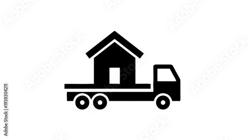 Vector illustration of a black icon of a house on a moving truck on a transparent background