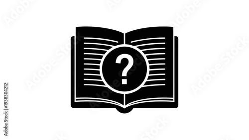 Vector illustration of a black and white icon of an open book with a question mark on a transparent background