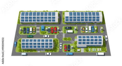 Modern Solar Powered Residential Buildings With Parking Lot.