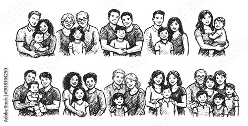 Various diverse family groups are depicted in a hand-drawn sketch style illustration, showcasing multiple generations and family structures, suitable for illustrating concepts of family, diversity.