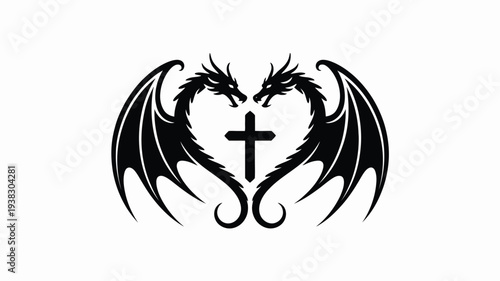 Black dragon heart with cross symbol tattoo design on white background representing conflicted emotions and spirituality