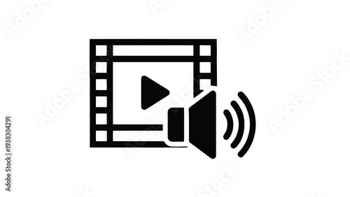 Vector illustration of black icon of a play button with sound waves on on a transparent background