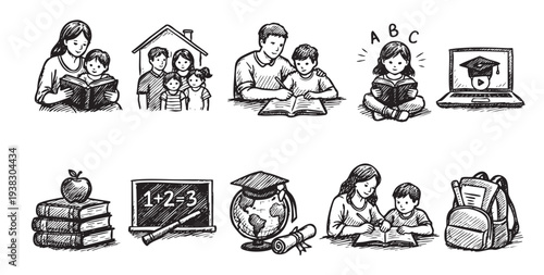 Black and white doodle illustration set of various back-to-school icons and scenes, perfect for educational materials or school-themed projects with a hand-drawn feel.