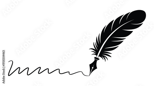 Quill pen writing elegant line on white background symbolizing creativity and literature with a feather and nib