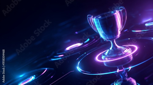 3D metallic trophy cup floating in digital void with neon blue and purple lights, glowing circular interfaces, symbolizing victory, achievement, esports, virtual reality, and gaming success