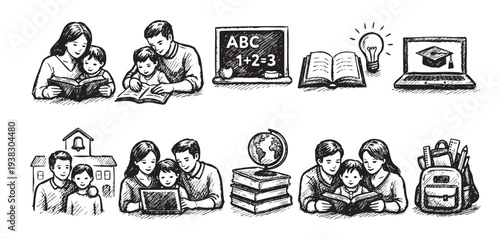 Black and white sketch illustration depicts family studying and learning together. Education, school, reading and online resources shown in various vignettes.