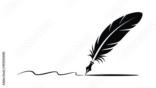 Quill pen writing on paper with ink symbolizing creativity and literature in a simple black and white design