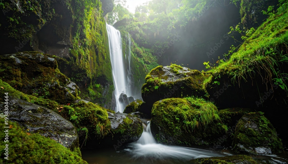 Obraz premium Misty Waterfall Cascading Through Lush Green Mossy Rocks in a Serene Forest Landscape