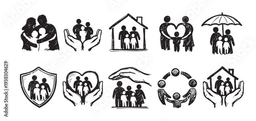 Collection of hand-drawn vector icons representing family protection, safety, love, and support using house, heart, hands, shield, and umbrella symbols, isolated on a white background.
