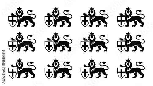 Black lion crests with shields and crosses heraldic symbols in rows on white background graphic illustrations for design