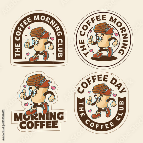 Playful Vintage coffee stickers with cheerful cartoon character and trendy text