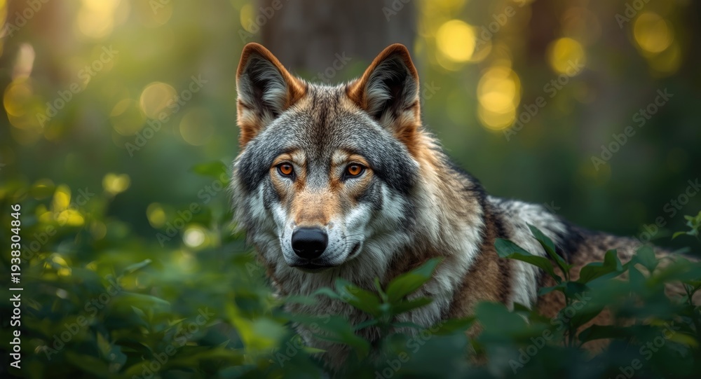 Obraz premium Closeup of a Grey Timber Wolf Amidst Forest Foliage